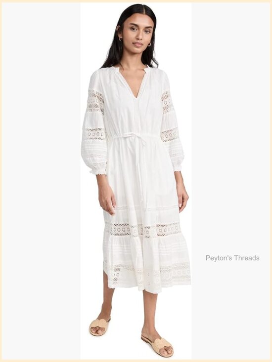 Dresses & Skirts - Cotton Lace V-Neck Long Sleeve Midi Dress Pull On